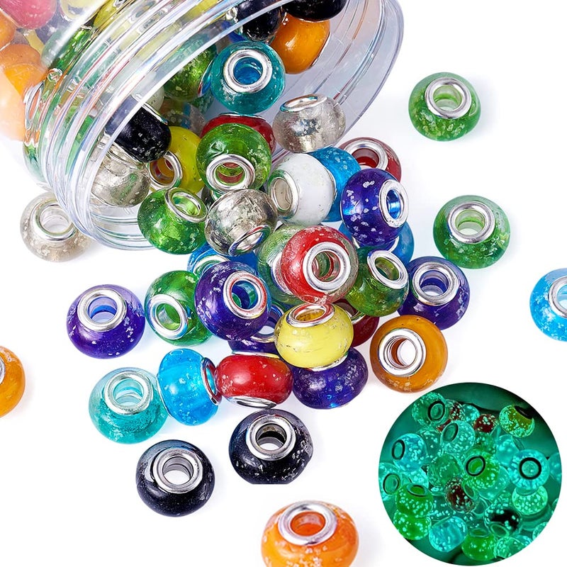 BB Beadthoven Beadthoven 100pcs Glow in The Dark Beads Handmade Luminous Lampwork Style Large Hole European Beads with Silver Tone Brass Cores Mixed Color Rondelle Glass Beads 14x9-10mm Hole: 5mm - Image 1